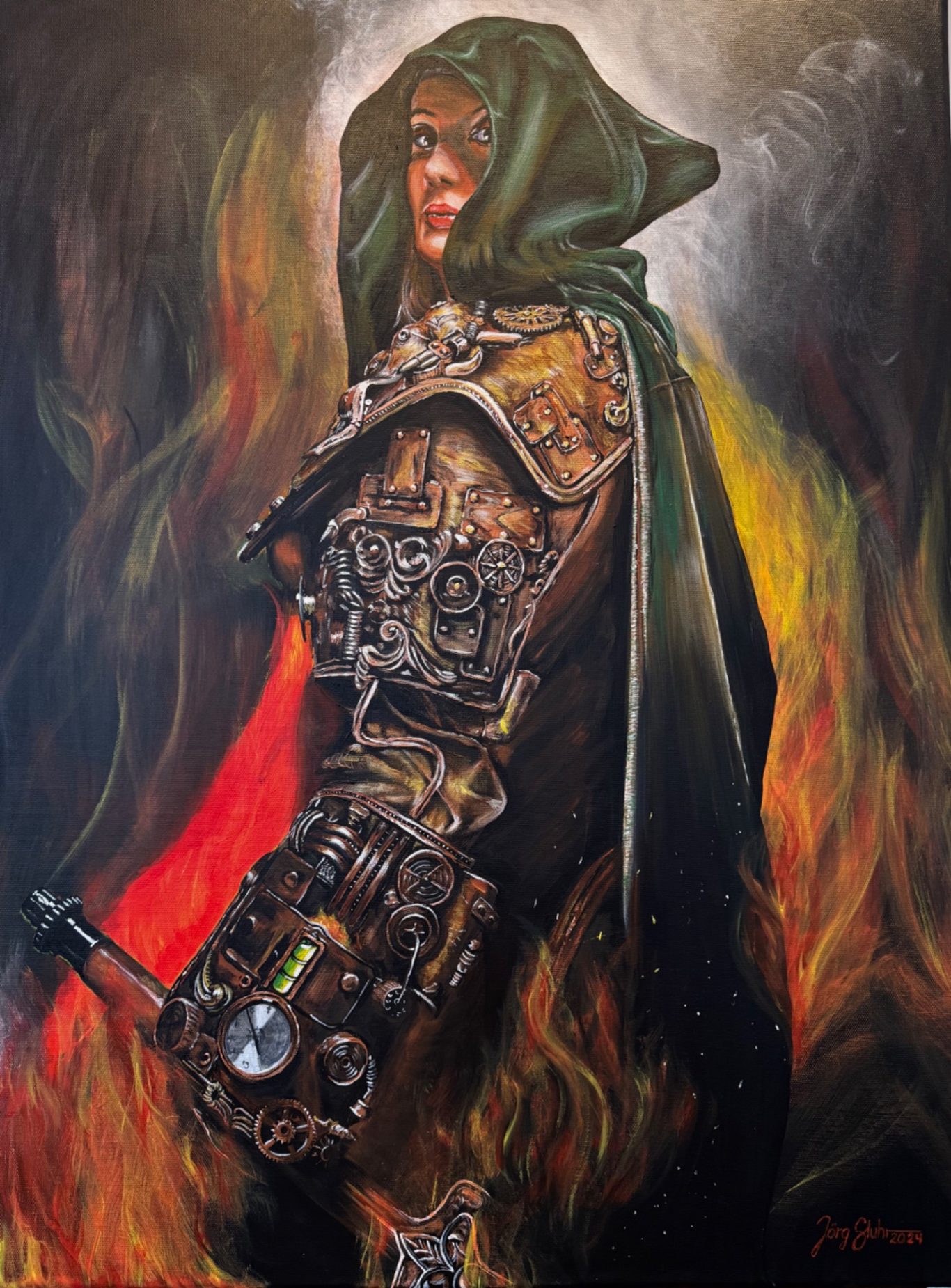 Königin des Feuers Frau in einem fantasievollen Steampunk-Outfit vor Flammen