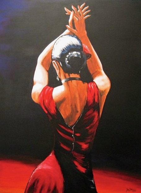 Das Bild zeigt eine Flamenco Tänzerin in rot schwarz gehalten