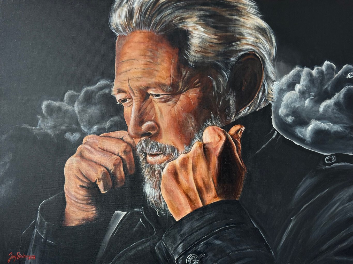 Ein echter Kerl Ein markanter Mann krempelt seinen Kragen hoch, um sich vor dem Wetter zu schützen