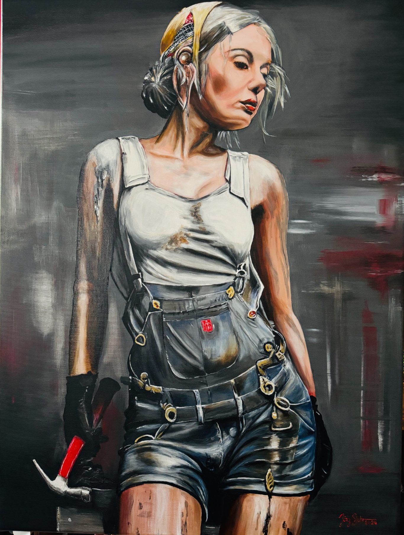 Working Woman Eine Frau in Arbeitskleidung, ölverschmiert