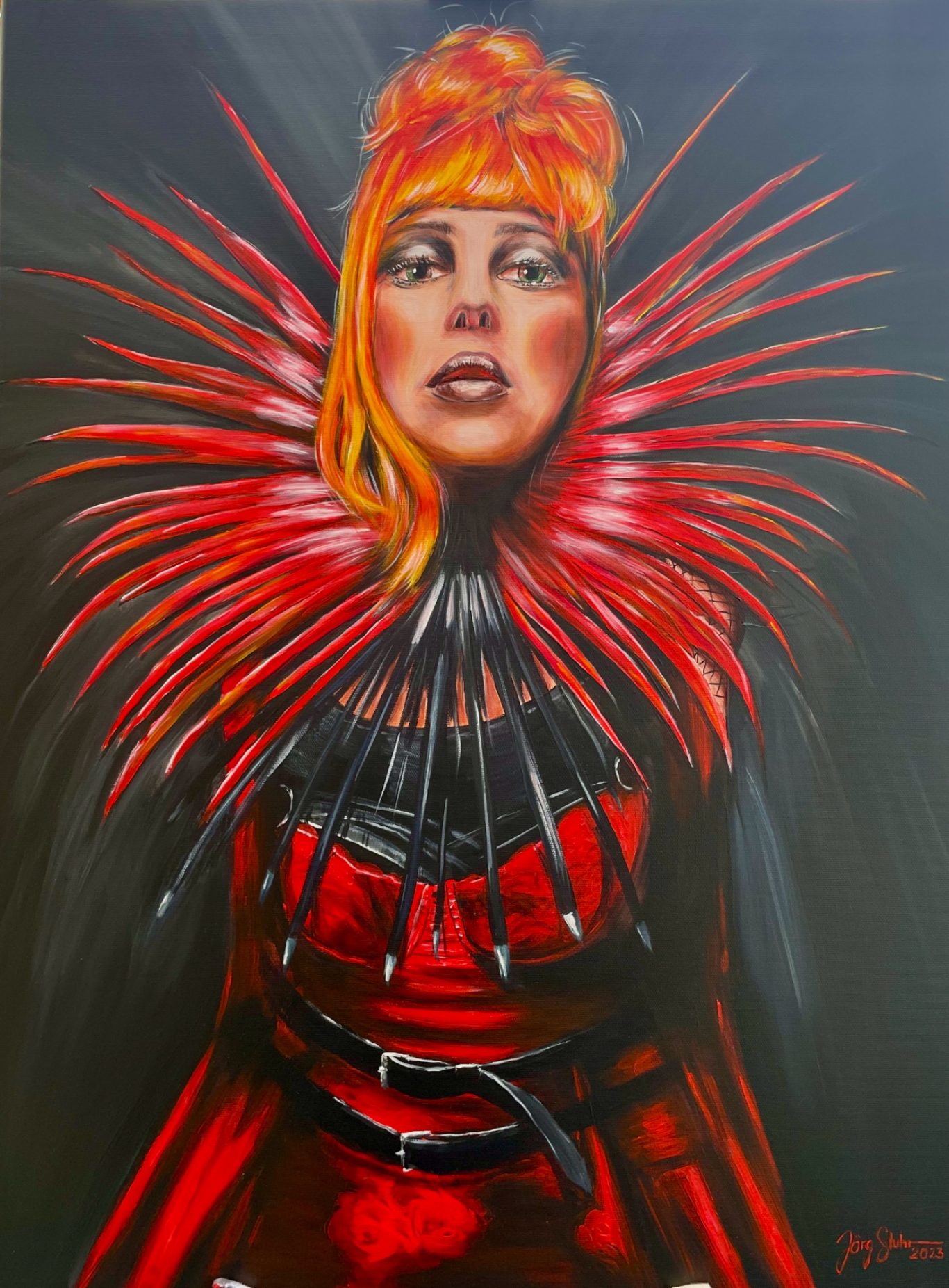 Every Rose Has its Thorn Frau in rotem Kleid mit Dornenkragen