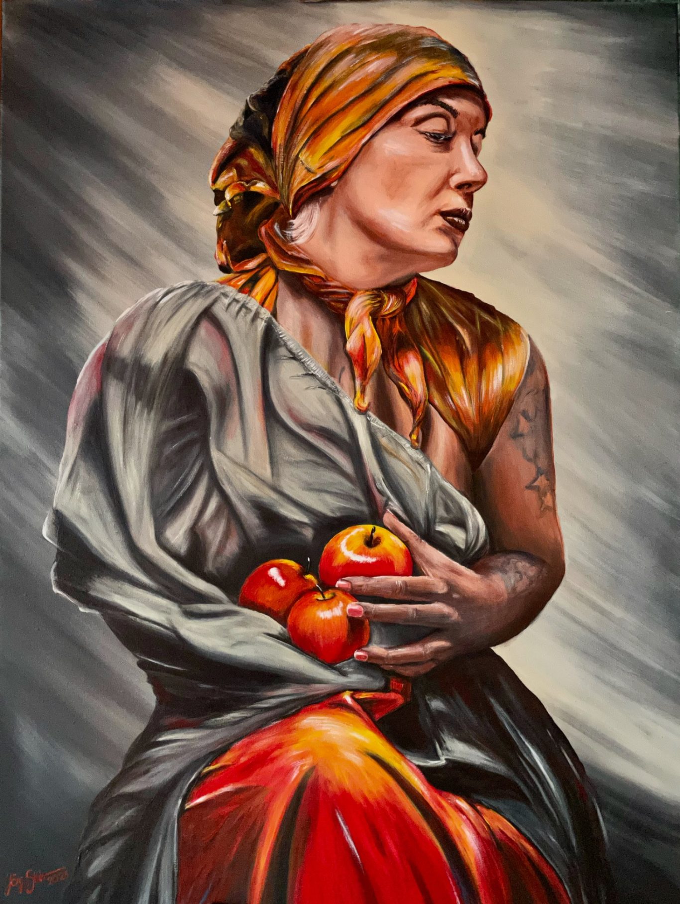 Die drei Äpfel Das Bild zeigt eine Bäuerin, die drei Äpfel hält