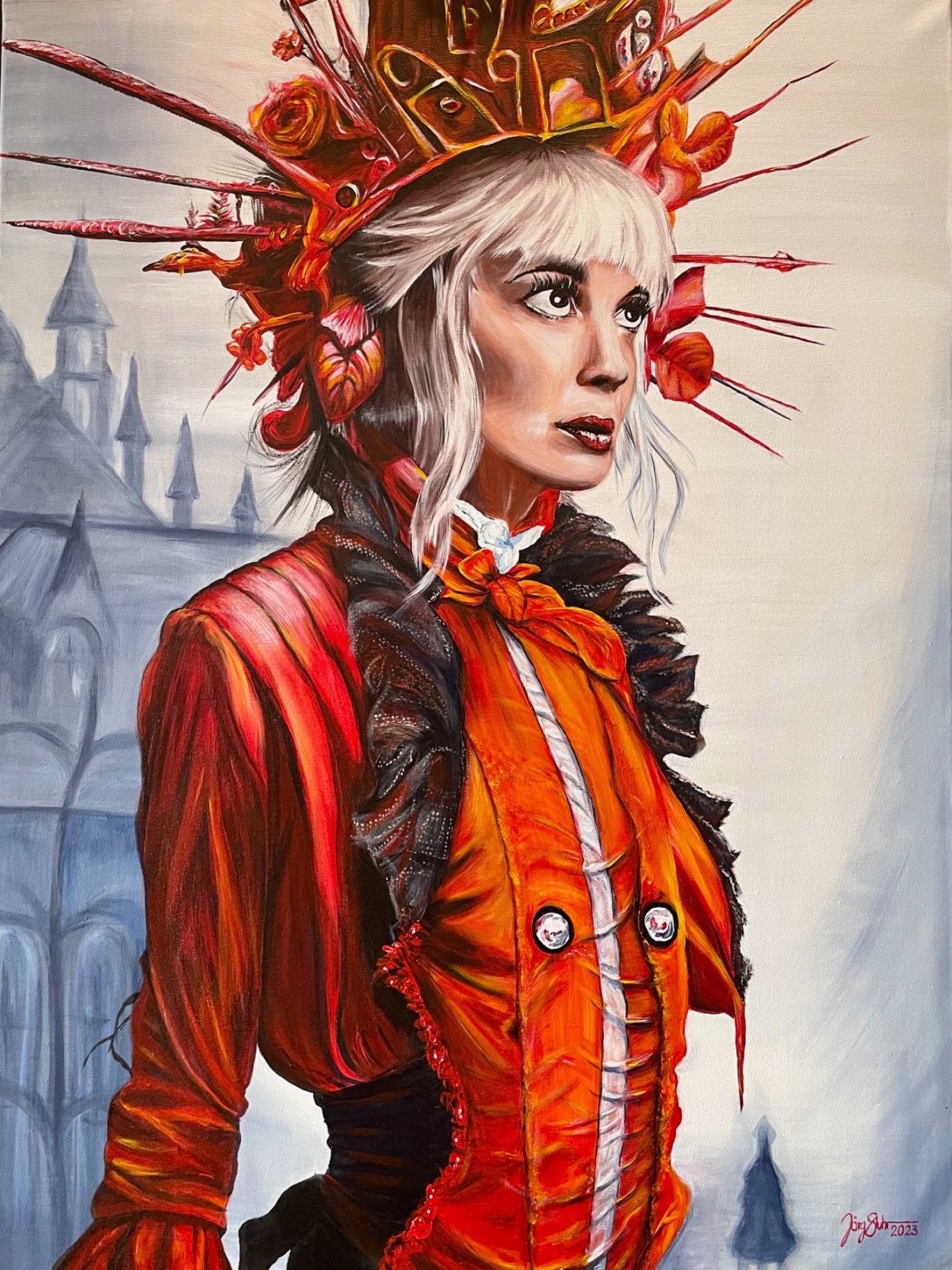 Königin in Rot Das Bild zeigt eine Königin in einem roten Gewand und fantasievollem Kopfschmuck vor einem Schloss