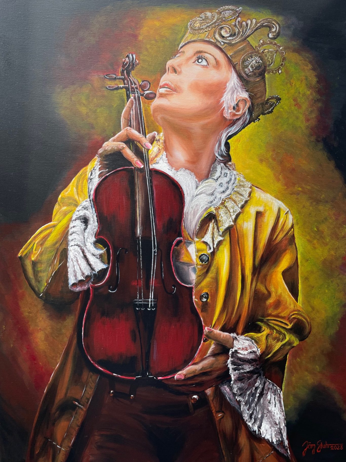 Königin in Gold Eine Königin in Gold, die eine alte Geige hält